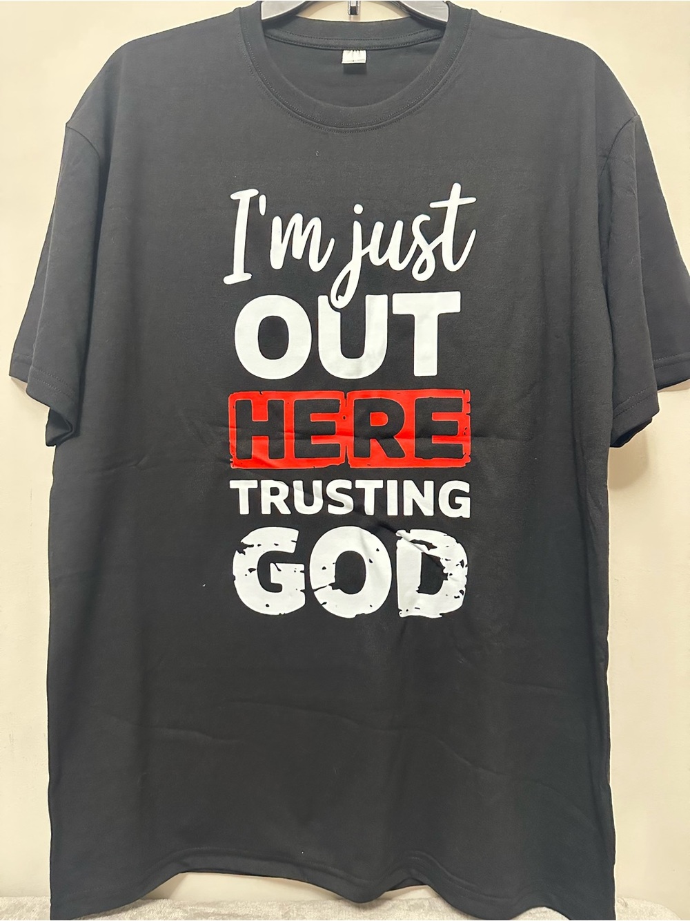 Trusting God Black Graphic T-Shirt Cotton Faith Christian Tee Size L New